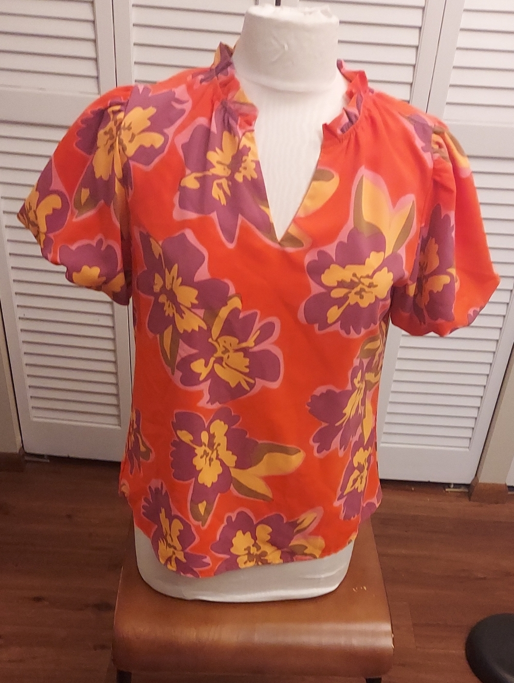 Boho Floral Lined Split-Neck Short Sleeve Top